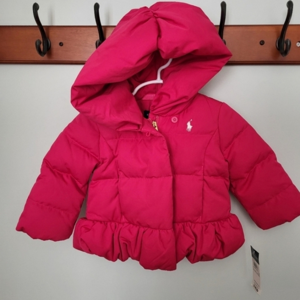 Ralph Lauren Polo Girls Puffer Hooded Peplum Jacket Coat 9 Months Pink Down